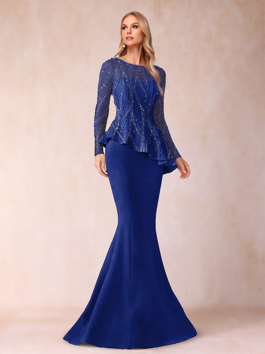 Sheath/Column Scoop Long Sleeves Floor-Length Mother of the Bride Dresses with Rhinestone