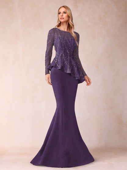 Sheath/Column Scoop Long Sleeves Floor-Length Mother of the Bride Dresses with Rhinestone