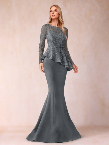 Sheath/Column Scoop Long Sleeves Floor-Length Mother of the Bride Dresses with Rhinestone