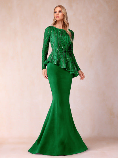 Sheath/Column Scoop Long Sleeves Floor-Length Mother of the Bride Dresses with Rhinestone