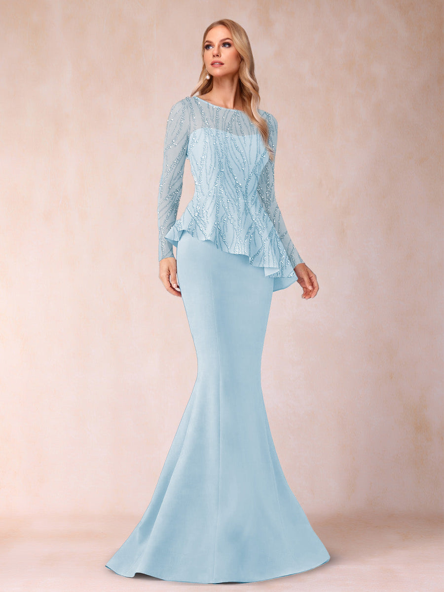 Sheath/Column Scoop Long Sleeves Floor-Length Mother of the Bride Dresses with Rhinestone