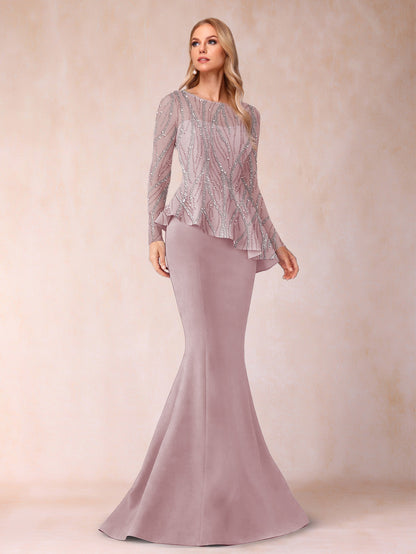 Sheath/Column Scoop Long Sleeves Floor-Length Mother of the Bride Dresses with Rhinestone