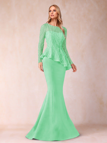 Sheath/Column Scoop Long Sleeves Floor-Length Mother of the Bride Dresses with Rhinestone