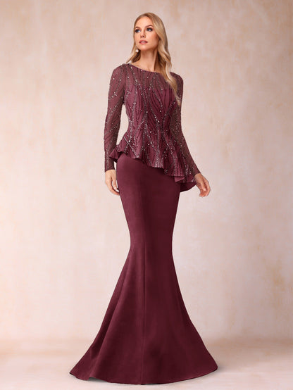 Sheath/Column Scoop Long Sleeves Floor-Length Mother of the Bride Dresses with Rhinestone