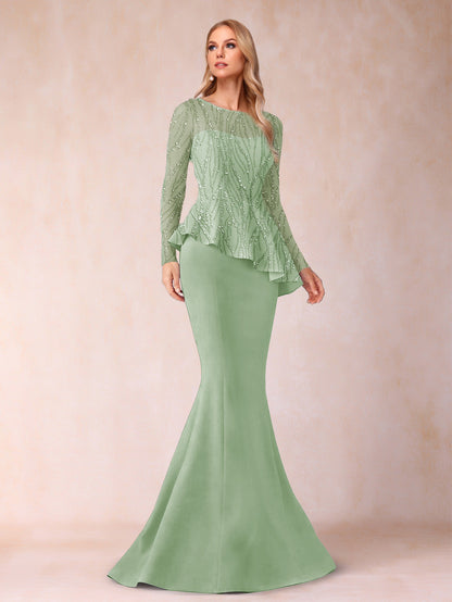 Sheath/Column Scoop Long Sleeves Floor-Length Mother of the Bride Dresses with Rhinestone