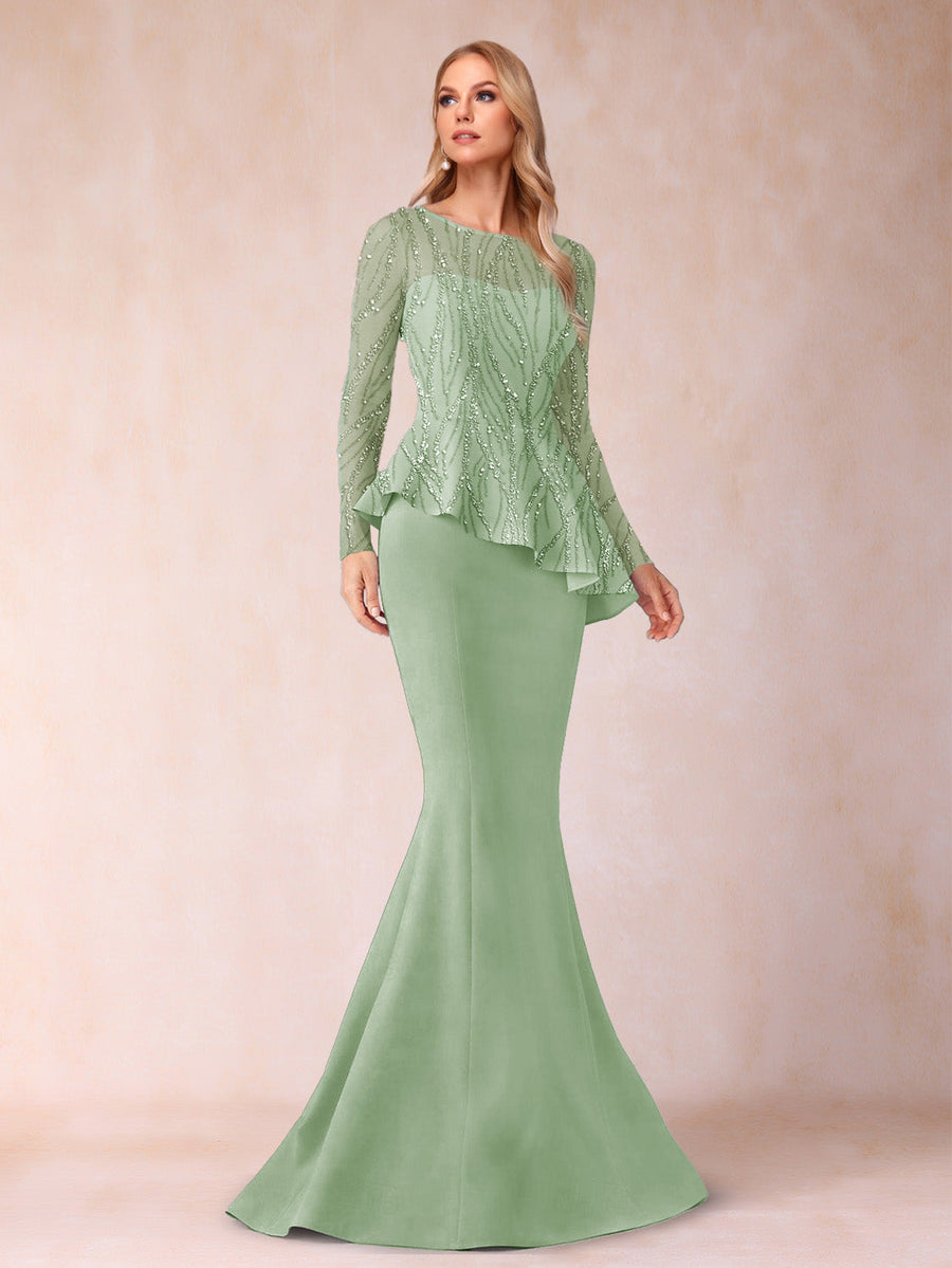 Sheath/Column Scoop Long Sleeves Floor-Length Mother of the Bride Dresses with Rhinestone