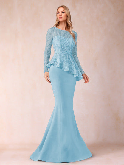 Sheath/Column Scoop Long Sleeves Floor-Length Mother of the Bride Dresses with Rhinestone