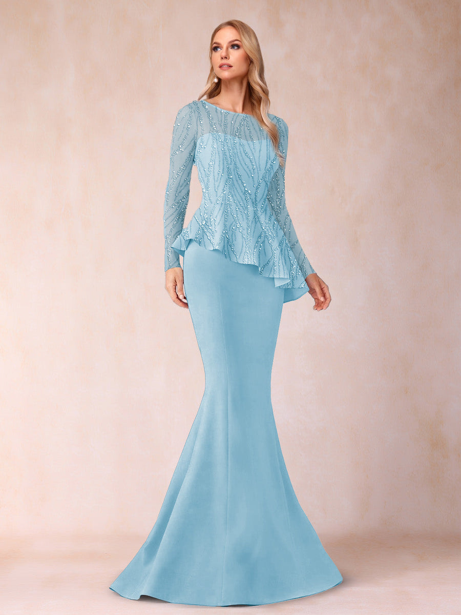 Sheath/Column Scoop Long Sleeves Floor-Length Mother of the Bride Dresses with Rhinestone