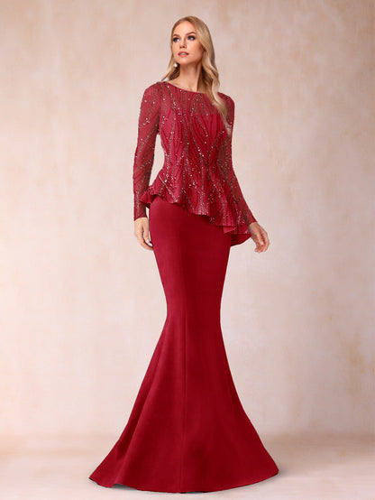 Sheath/Column Scoop Long Sleeves Floor-Length Mother of the Bride Dresses with Rhinestone