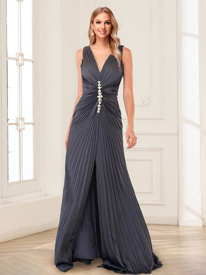 A-Line/Princess V-Neck Sleeveless Floor-Length Mother of the Bride Dresses with Rhinestone & Pleats