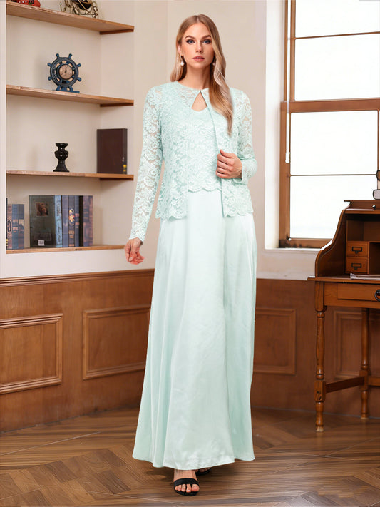A-Line/Princess V-Neck Long Sleeves Floor-Length Mother of the Bride Dresses with Lace & Jacket