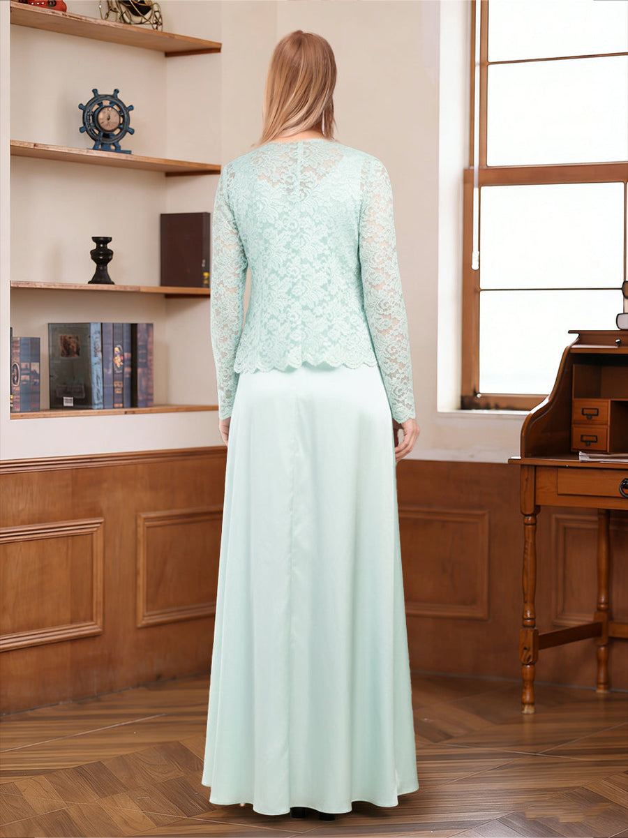 A-Line/Princess V-Neck Long Sleeves Floor-Length Mother of the Bride Dresses with Lace & Jacket
