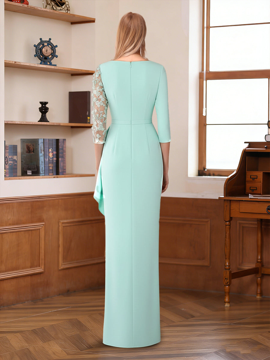 Sheath/Column V-Neck 3/4 Sleeves Floor-Length Mother of the Bride Dresses with Lace & Split Side