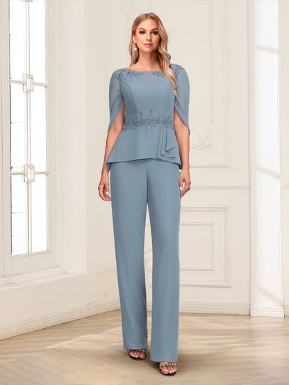 Illusion Scoop Appliques Ruched 2 Pieces Pantsuits with Cape