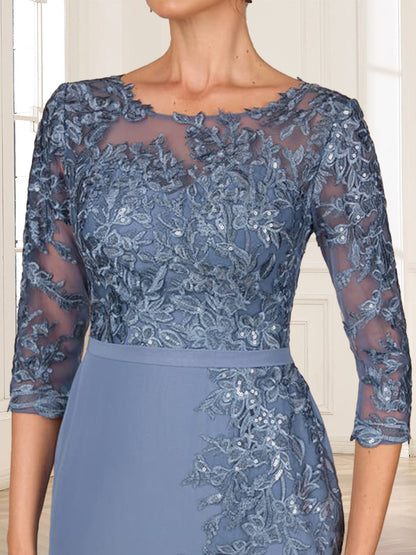 Sheath/Column Scoop 3/4 Sleeves Floor-Length Mother of the Bride Dresses with Appliques & Split Side