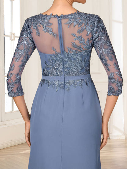 Sheath/Column Scoop 3/4 Sleeves Floor-Length Mother of the Bride Dresses with Appliques & Split Side