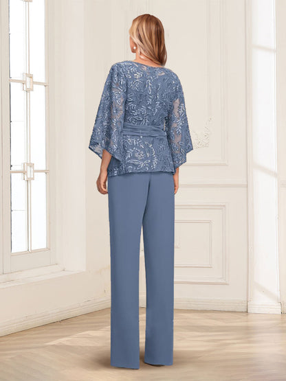 Scoop Appliques Ruched 2 Pieces Pantsuits with Sequins