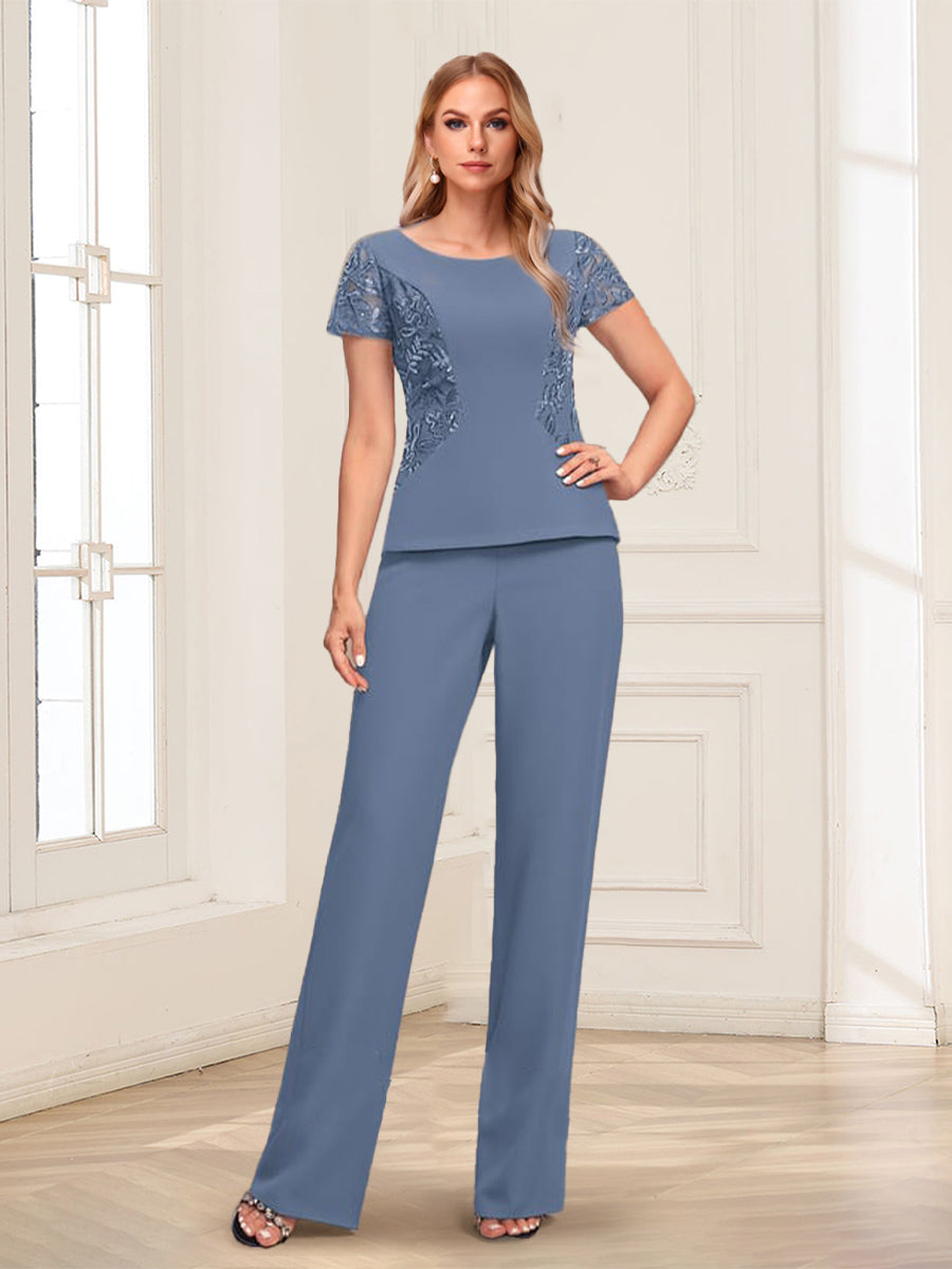 Scoop Appliques Ruched 2 Pieces Pantsuits with Sequins
