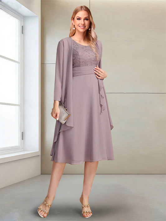 A-Line/Princess Long Sleeves Scoop Tea-Length Mother of the Bride with Sequins & Beading