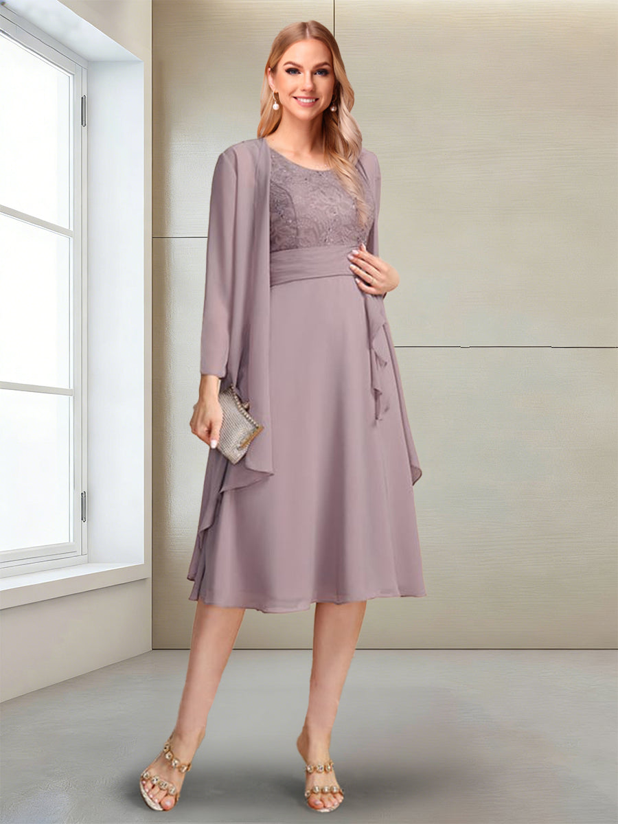 A-Line/Princess Long Sleeves Scoop Tea-Length Mother of the Bride with Sequins & Beading