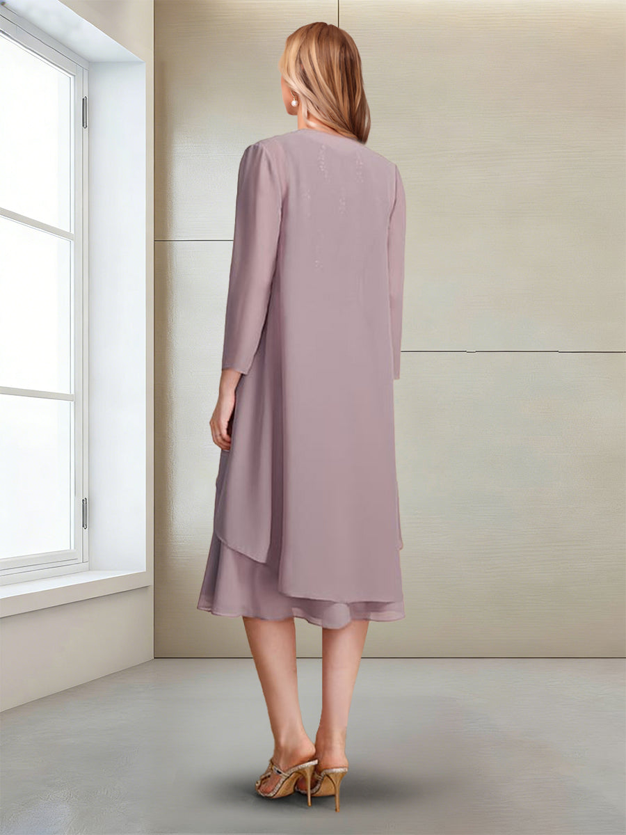 A-Line/Princess Long Sleeves Scoop Tea-Length Mother of the Bride with Sequins & Beading