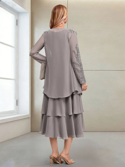 A-Line/Princess Scoop Long Sleeves Mother of the Bride Dresses with Appliques & Ruffles