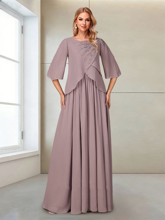 A-Line/Princess Half Sleeves Scoop Floor-Length Mother of the Bride Dresses with Appliques & Sequins