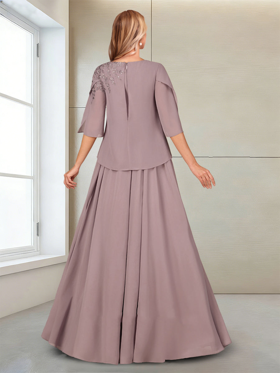 A-Line/Princess Half Sleeves Scoop Floor-Length Mother of the Bride Dresses with Appliques & Sequins