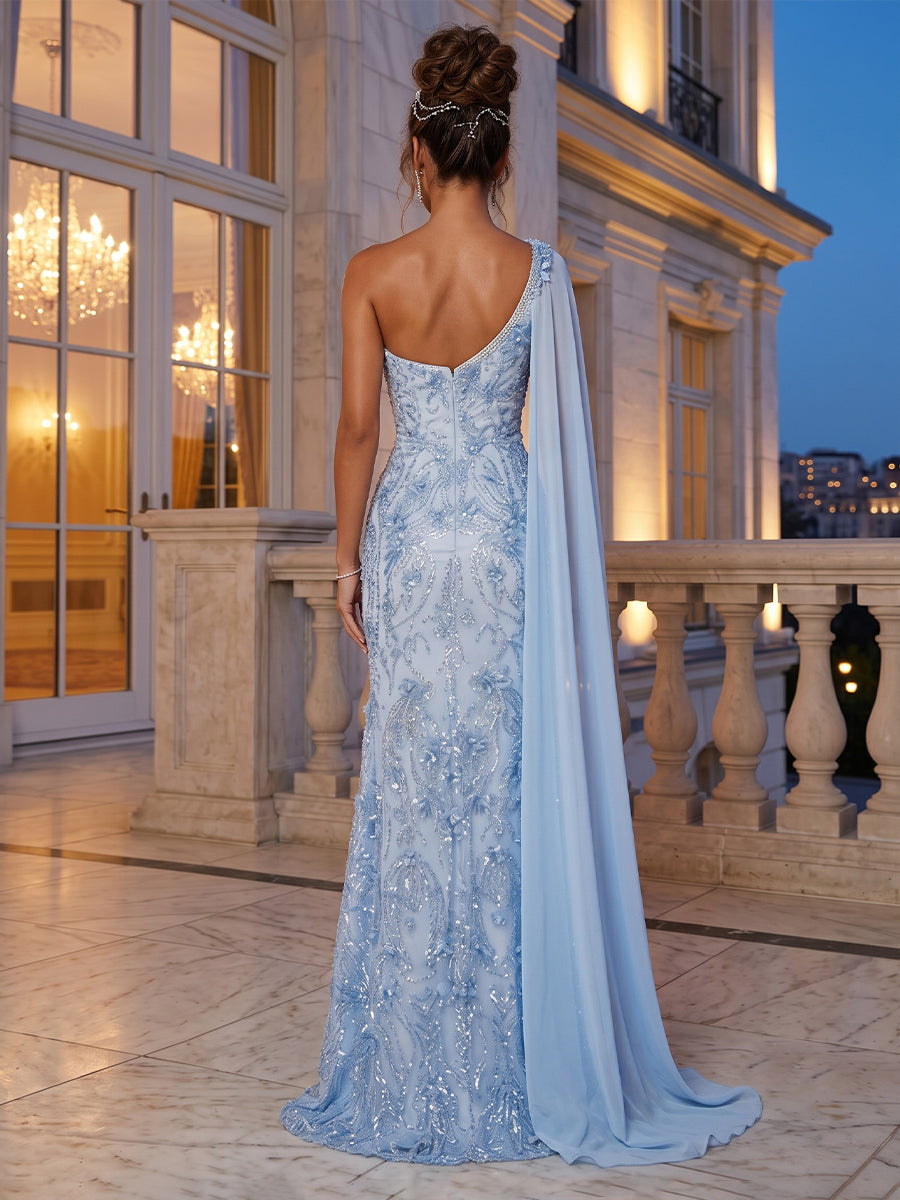 Trumpet/Mermaid One-Shoulder Sleeveless Long Evening Dresses with Appliques & Split Side
