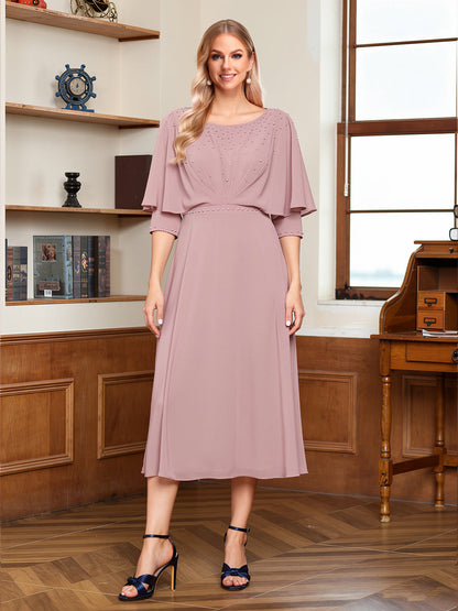 A-Line/Princess Scoop Half Sleeves Tea-Length Ruched Mother of the Bride with Beading & Cape
