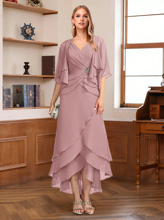 A-Line/Princess Half Sleeves V-Neck Asymmetrical Mother of the Bride with Ruched & Beading