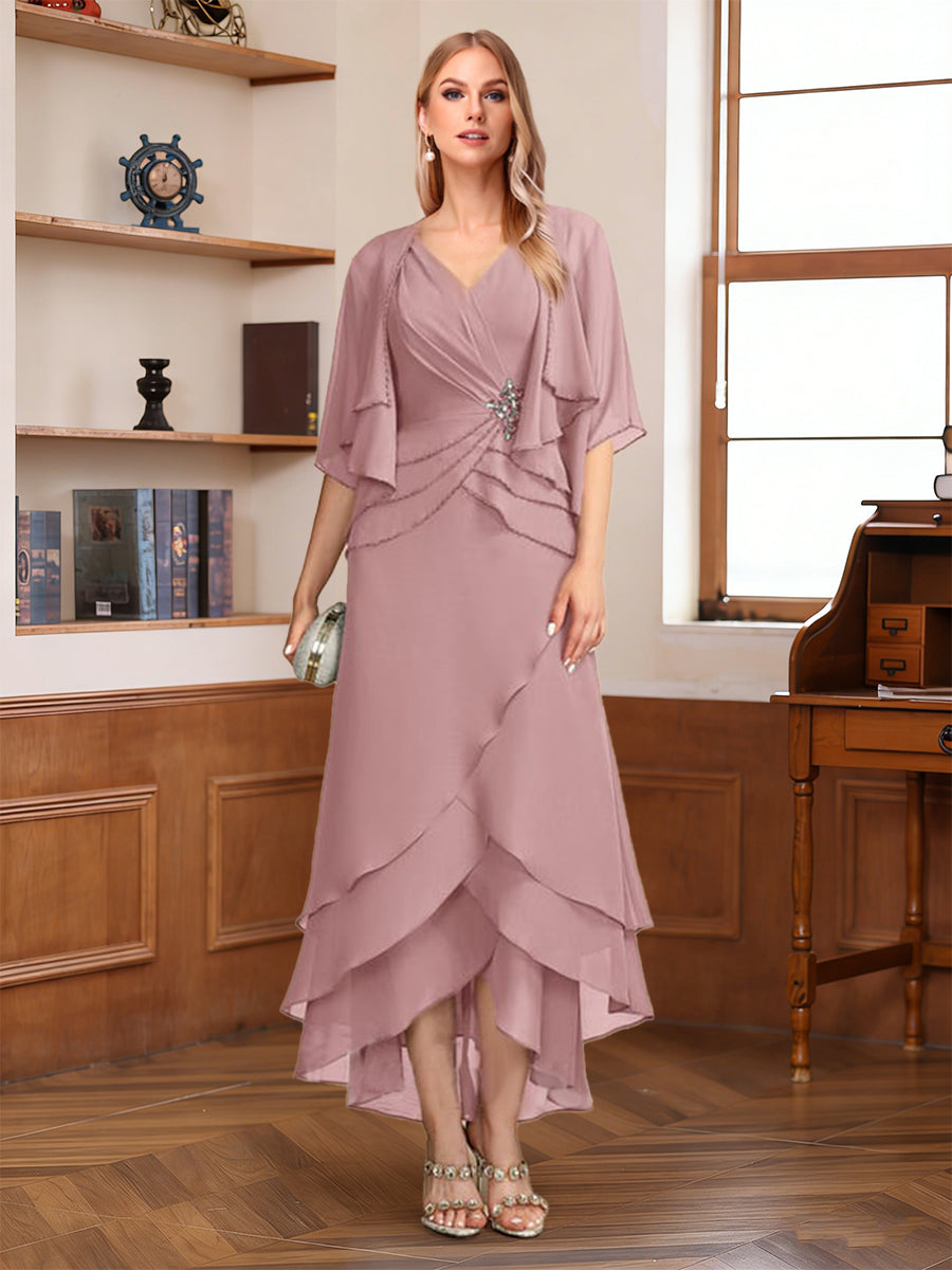 A-Line/Princess Half Sleeves V-Neck Asymmetrical Mother of the Bride with Ruched & Beading