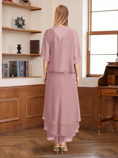 A-Line/Princess Half Sleeves V-Neck Asymmetrical Mother of the Bride with Ruched & Beading