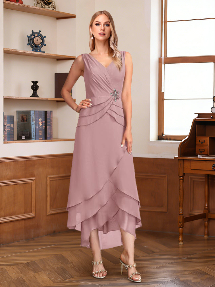 A-Line/Princess Half Sleeves V-Neck Asymmetrical Mother of the Bride with Ruched & Beading