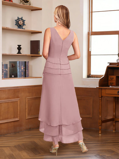 A-Line/Princess Half Sleeves V-Neck Asymmetrical Mother of the Bride with Ruched & Beading