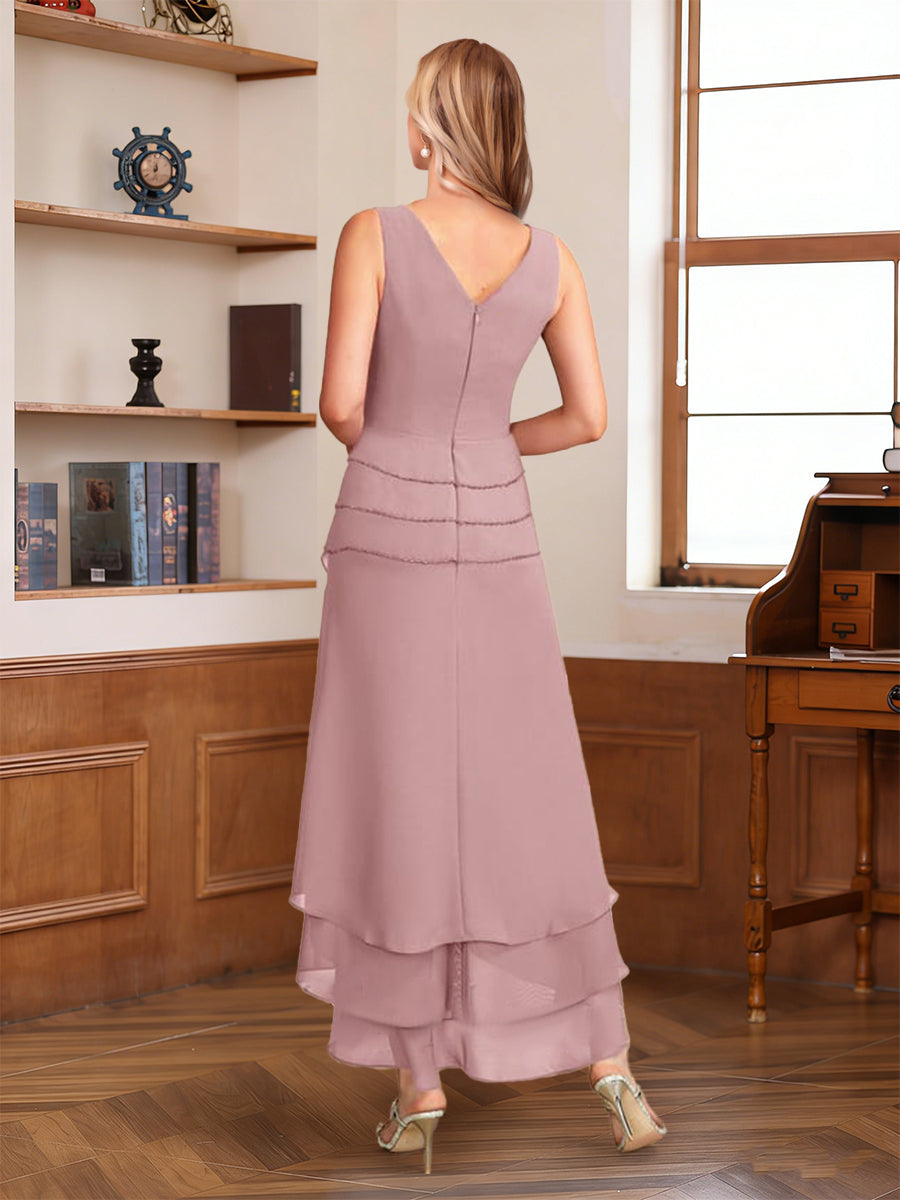 A-Line/Princess Half Sleeves V-Neck Asymmetrical Mother of the Bride with Ruched & Beading