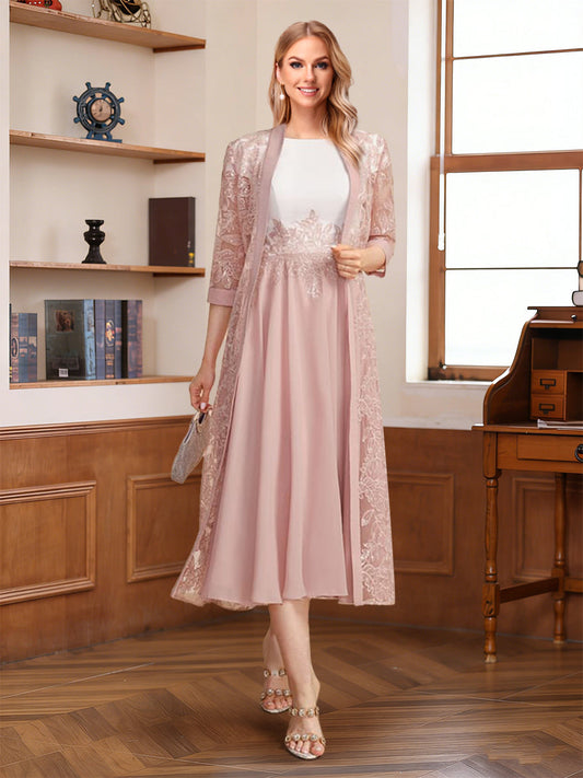 A-Line/Princess Scoop Short Sleeves Tea-Length Mother of the Bride with Applique & Lace