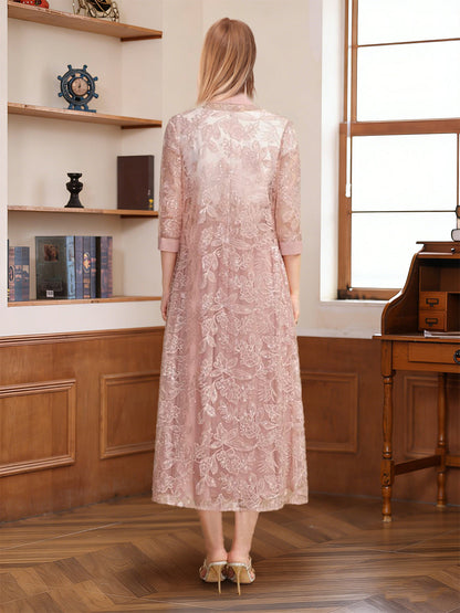 A-Line/Princess Scoop Short Sleeves Tea-Length Mother of the Bride with Applique & Lace