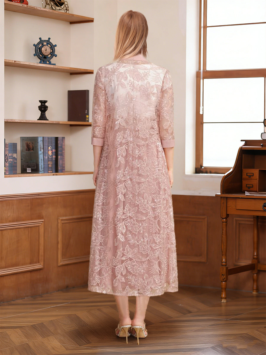 A-Line/Princess Scoop Short Sleeves Tea-Length Mother of the Bride with Applique & Lace