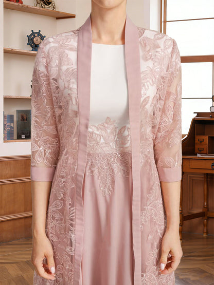 A-Line/Princess Scoop Short Sleeves Tea-Length Mother of the Bride with Applique & Lace