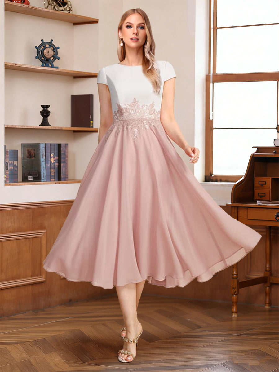 A-Line/Princess Scoop Short Sleeves Tea-Length Mother of the Bride with Applique & Lace