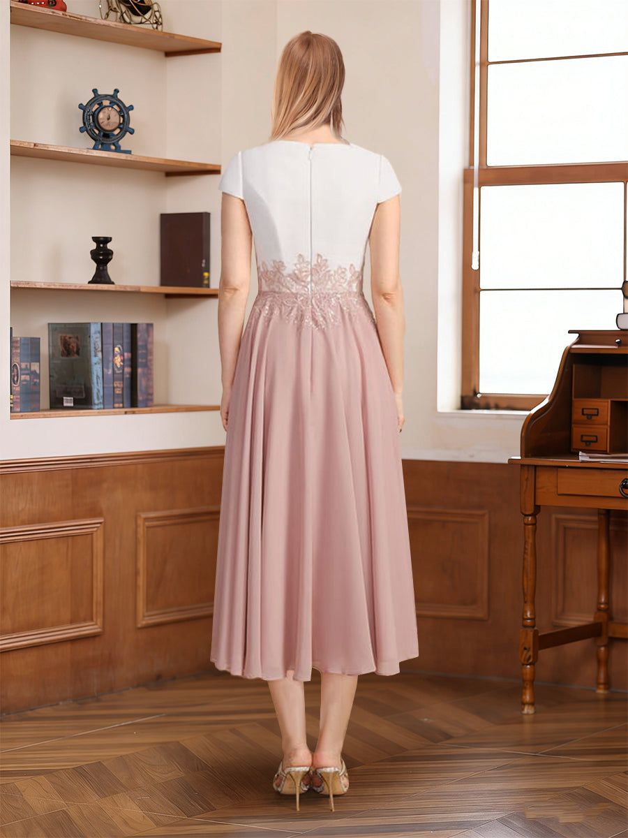A-Line/Princess Scoop Short Sleeves Tea-Length Mother of the Bride with Applique & Lace