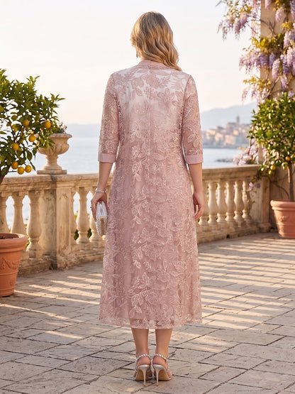 A-Line/Princess Scoop Short Sleeves Tea-Length Plus Size Mother of the Bride with Applique & Lace
