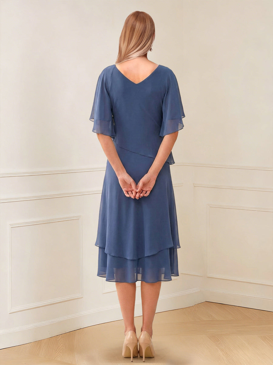 A-Line/Princess Short Sleeves V-Neck Tea-Length Mother of the Bride with Ruffles & Beading