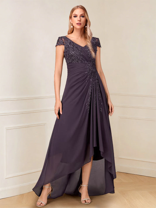 A-Line/Princess Cap Sleeves V-Neck Asymmetrical Mother of the Bride with Sequins &Ruched
