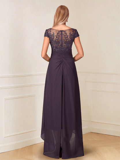 A-Line/Princess Cap Sleeves V-Neck Asymmetrical Mother of the Bride with Sequins &Ruched