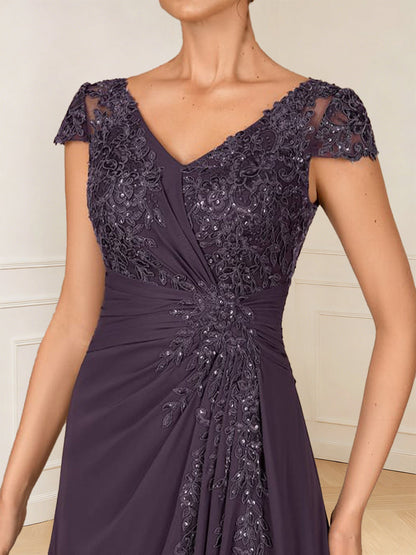 A-Line/Princess Cap Sleeves V-Neck Asymmetrical Mother of the Bride with Sequins &Ruched