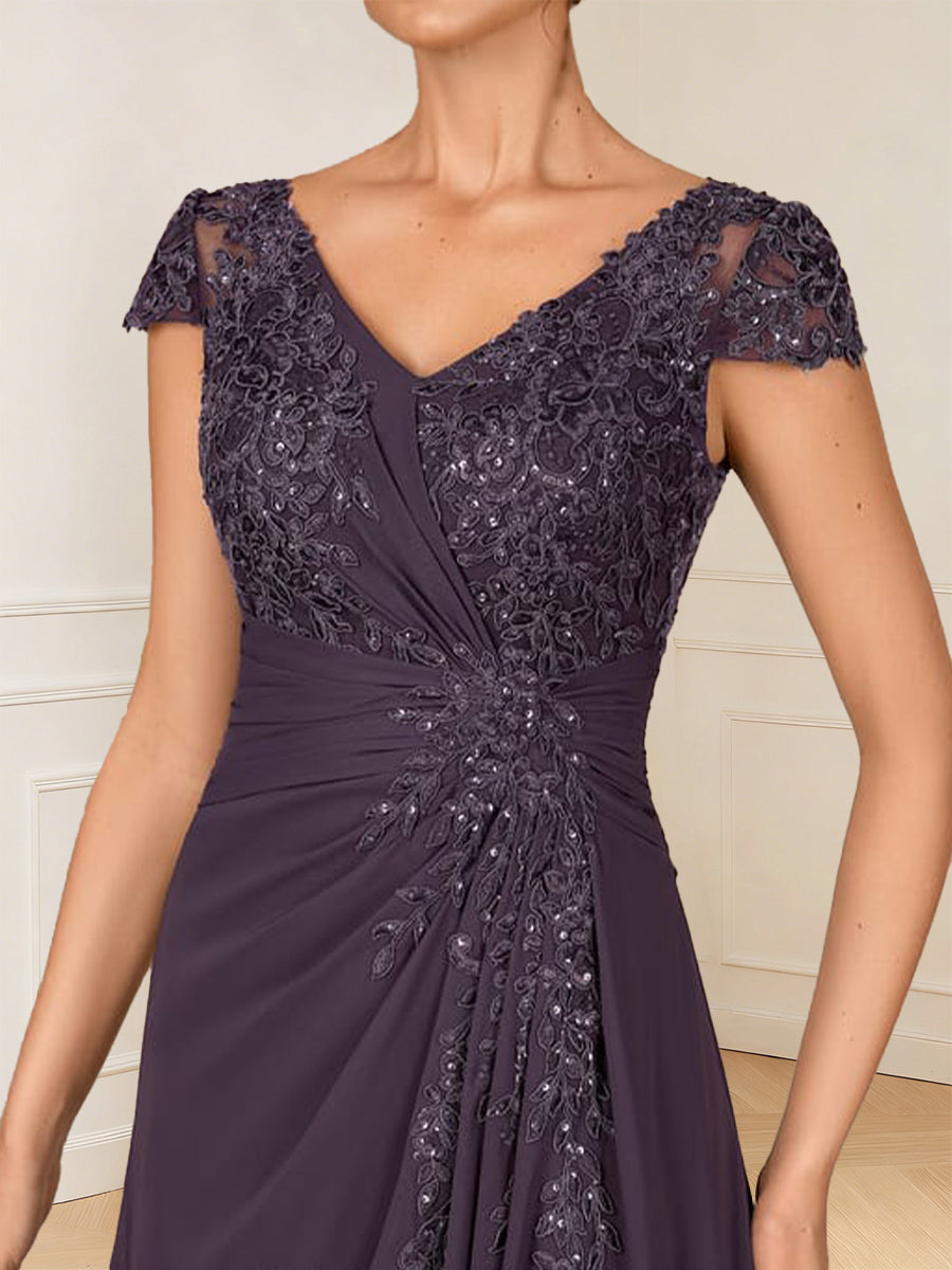 A-Line/Princess Cap Sleeves V-Neck Asymmetrical Mother of the Bride with Sequins &Ruched