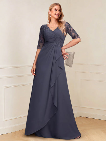 A-Line/Princess Half Sleeves V-Neck Floor-Length Mother of the Bride Dresses with Ruffles & Applique