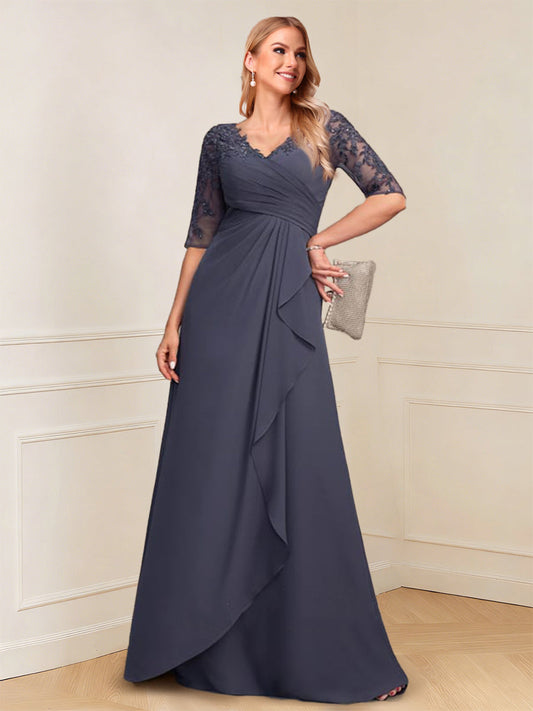 A-Line/Princess Half Sleeves V-Neck Floor-Length Mother of the Bride Dresses with Ruffles & Applique